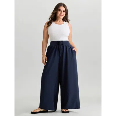 Bloomchic Women's Plus Size Wide Cross-tie Waistband Pants Darkblue Solid Wide Leg High Rise Casual 12/l In Blue