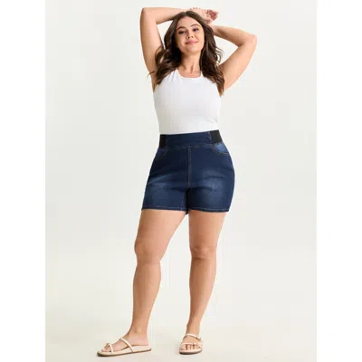 Bloomchic Women's Plus Size Wide Elastic Waistband Denim Shorts Darkindigo Casual 12/l In Purple