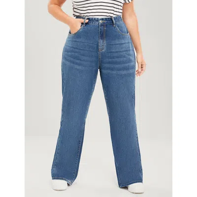 Bloomchic Women's Plus Size Wide Leg Moderately Stretchy High Rise Medium Wash Jeans Blue Plain Medium Stretch