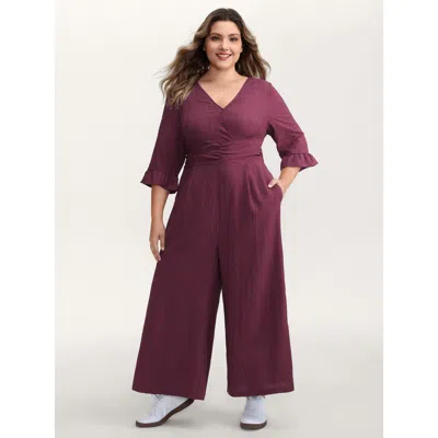 Bloomchic Women's Plus Size Wide Pleated Waist Backless Tie Jumpsuit Plum Casual 12/l In Purple