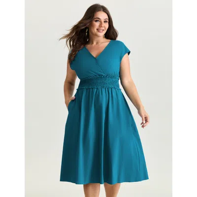 Bloomchic Women's Plus Size Wide Shirred Waist Surplice Neck Midi Dress Cerulean Non Midi Vacation Wide Waistb In Blue