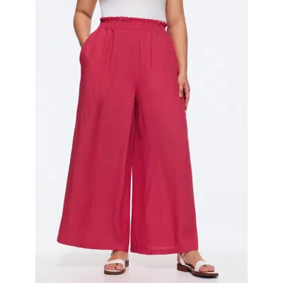 Bloomchic Women's Plus Size Wide Shirred Waistband Wide-leg Pants Brightred Solid Wide Leg Mid Rise Casual 30/