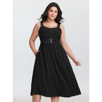 Bloomchic Women's Plus Size Wide Straps Belted Buckle Detail Midi Dress Black Non Midi Casual 10/m