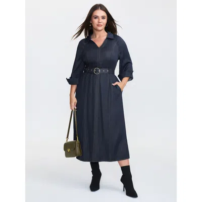 Bloomchic Women's Plus Size Wide Waist Belt Denim Midi Dress Midnight Solid Midi Office Button Front 30/6x In Blue