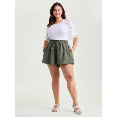 Bloomchic Women's Plus Size Wide Waistband Flared Lace Trim Shorts Sage Elegant Wide Leg Texture Shorts 10/m In Green