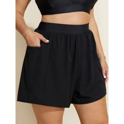 Bloomchic Women's Plus Size Wide Waistband Pockets Swim Bottoms Black Non Short Patchwork Fully Elasticated Wa
