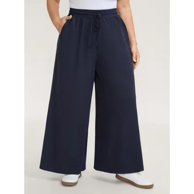 Bloomchic Women's Plus Size Wide Waistband Textured Wide-leg Pants Indigo Non Wide Leg Mid Rise Casual 14-16/1 In Purple