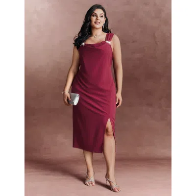 Bloomchic Women's Plus Size Wide-straps Metallic Detail Bodycon Fit Midi Dress Scarlet Non Midi Party Slit 14- In Red