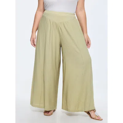 Bloomchic Women's Plus Size Wide-waistband Textured Flowy Pants Lightbrown Solid Wide Leg Mid Rise Vacation 12 In Brown