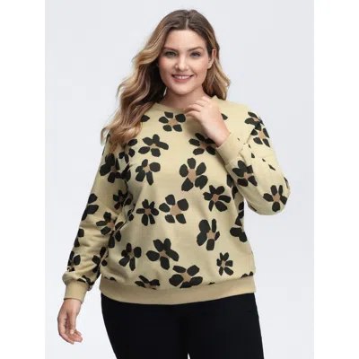 Bloomchic Women's Plus Size Wild Floral Print Relaxed-fit Sweatshirt Apricot Casual 10/m In Orange