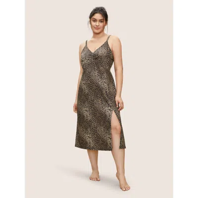 Bloomchic Women's Plus Size Wild Leopard Print Side Split Cami Nightgown Darkbrown Sleeveless 10/m In Brown