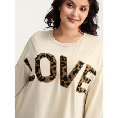 Bloomchic Women's Plus Size Wild Love Print Slit Hem Sweatshirt Lightbrown Slogan Casual Round Neck 10/m In Brown