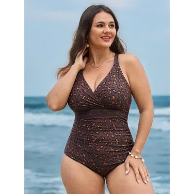Bloomchic Women's Plus Size Wild Side Tummy-control One-piece Swimsuit Yellowishbrown Animal Motif Adaptive-fi
