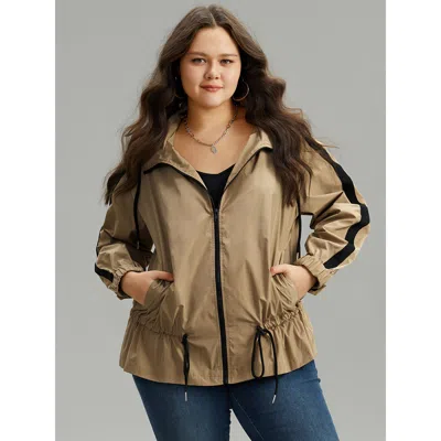Bloomchic Women's Plus Size Wind-resistant Contrast Trim Drawstring Jacket Tan Elastic Cuffs 10/m In Brown