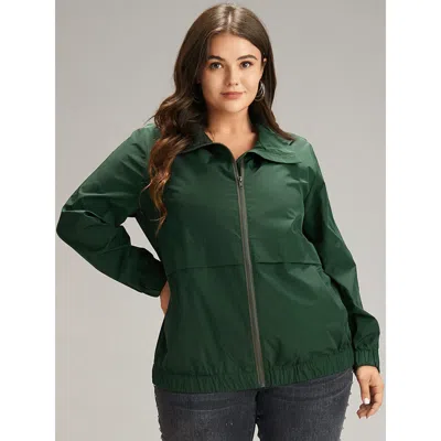 Bloomchic Women's Plus Size Wind-resistant Plain Zipper Fly Pocket Jacket Darkgreen Elastic Cuffs 10/m In Green