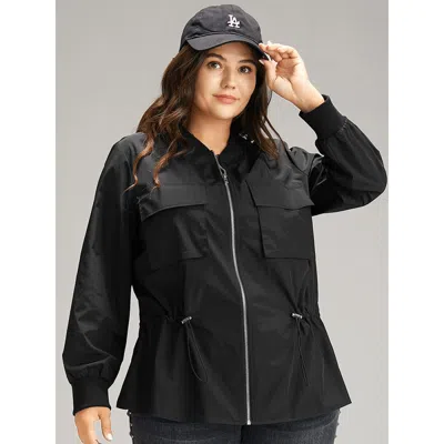 Bloomchic Women's Plus Size Wind-resistant Zipper Fly Drawstring Jacket Black Plain 10/m