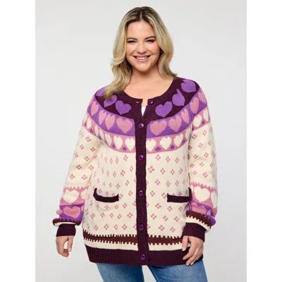Bloomchic Women's Plus Size Winter Hearts Jacquard Button Knit Cardigan Burgundy Long Sleeve 22-24/3x