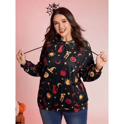 Bloomchic Women's Plus Size Witchy Pumpkin Print Neck Tie Hoodie Black Casual 12/l