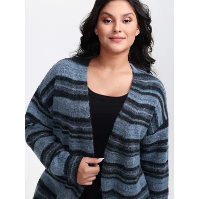Bloomchic Women's Plus Size Wool Blend Curvy Hem Knit Cardigan Lightblue Long Sleeve 10/m In Blue