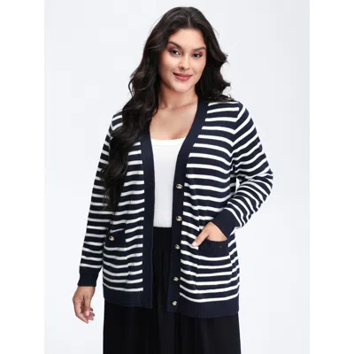 Bloomchic Women's Plus Size Wool-blend Stripe Button Pockets Knit Cardigan Midnight Long Sleeve 10/m In Blue