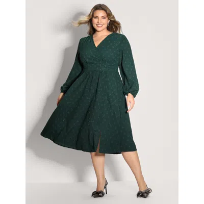 Bloomchic Women's Plus Size Woven Pleated Waist-defining Wrap Midi Dress Darkgreen Synthetic Texture Midi Part In Green