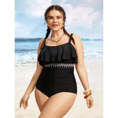 Bloomchic Women's Plus Size Woven Ribbon Gathered Ruffle Trim One Piece Swimsuit Black Non Woven Ribbon&lace T