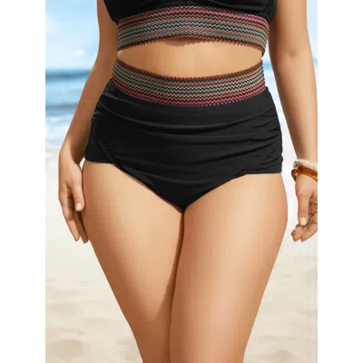Bloomchic Women's Plus Size Woven Ribbon Ruched High Waisted Bikini Bottom Black Solid Booty Ruched Elastic Wa