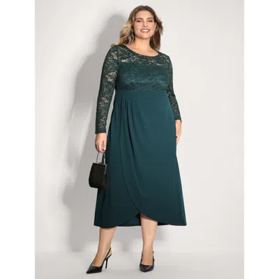 Bloomchic Women's Plus Size Wrap Hem Lace Sleeve Midi Dress Cyan Non Midi Party See Through 12/l In Blue