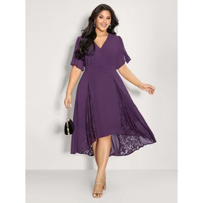 Bloomchic Women's Plus Size Wrap Neck Flowy Sleeve Sheer Mini Dress Eggplant Solid Midi Party Patchwork 10/m In Purple