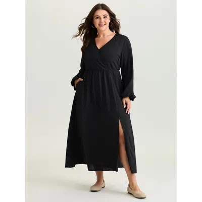 Bloomchic Women's Plus Size Wrap Neckline Slit Hem Flowy Maxi Dress Black Solid Maxi Casual Wrap / Overlap 10/