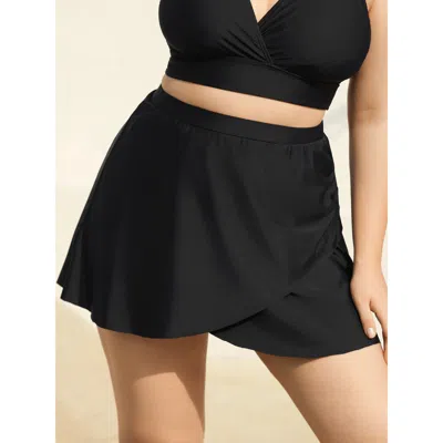 Bloomchic Women's Plus Size Wrap Ruched High-waisted Swim Bottoms Black Solid Short Ruched Elastic Waist 10/m