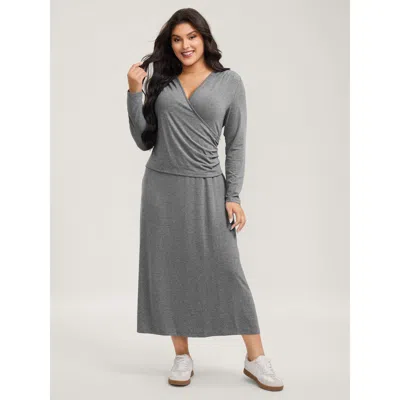 Bloomchic Women's Plus Size Wrap Stretchy Long Sleeve Knit Maxi Dress Dimgray Non Midi Casual 12/l