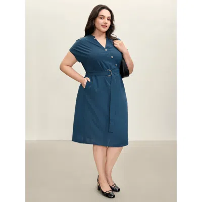 Bloomchic Women's Plus Size Wrap Style Button Detail Belted Midi Dress Aegean Non Midi Office Overlapping 10/m In Blue