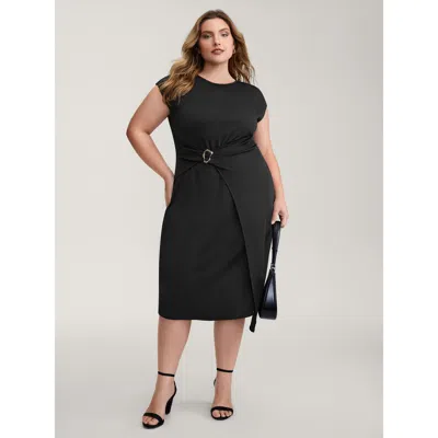 Bloomchic Women's Plus Size Wrap Style Metal Buckle Midi Dress Black Non Midi Elegant 30/6x