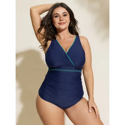 Bloomchic Women's Plus Size Wrap V-neck Embroidery Edge One-piece Swimsuit Indigo Solid Embroidered Adjustable In Purple