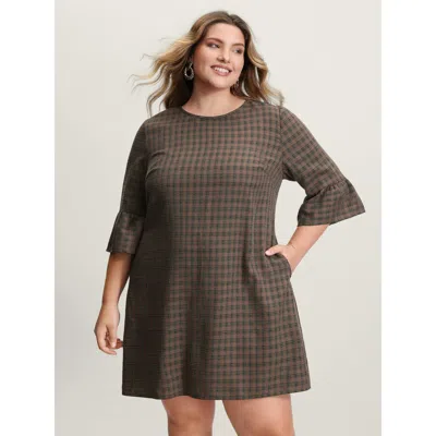 Bloomchic Women's Plus Size Yarn-dyed Flared Sleeve A-line Knee-length Dress Multicolor Plaid Short Office 10/