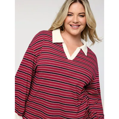 Bloomchic Women's Plus Size Yarn-dyed Stretchy Stripes Collar Sweatshirt Multicolor Casual 10/m