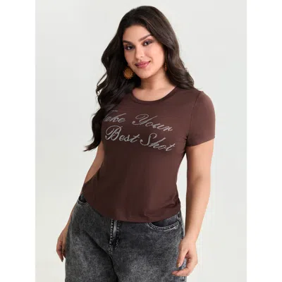 Bloomchic Women's Plus Size Your Best Shot Stretchy Sequin T-shirt Browncoffeecolor Vacation Short Sleeve Roun