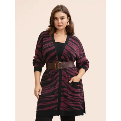 Bloomchic Women's Plus Size Zebra Print Fluffy Patch Pocket Cardigan Black Long Sleeve 12/l