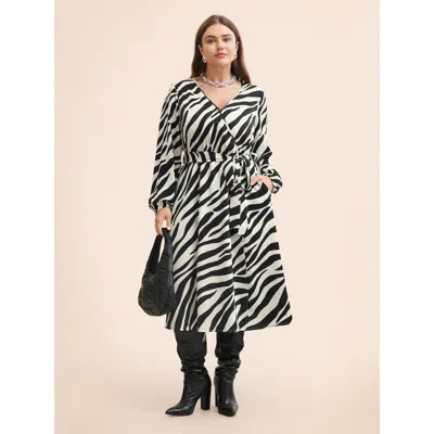 Bloomchic Women's Plus Size Zebra Print Overlap Collar Split Hem Dress Black Animal Motif Midi Office Belted 1