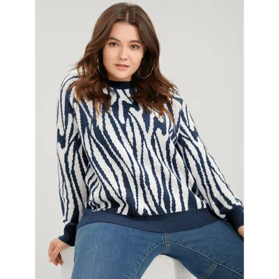 Bloomchic Women's Plus Size Zebra Print Pointelle Knit Raglan Sleeve Jacquard Knit Top Midnight Zebra Print Lo In Blue