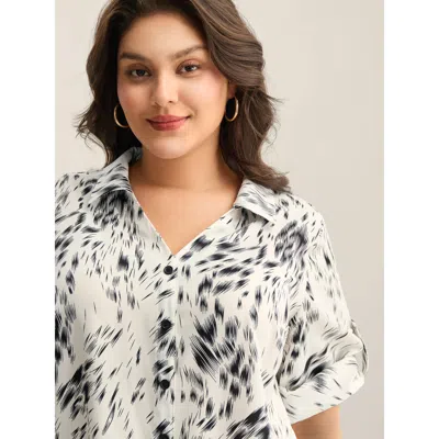 Bloomchic Women's Plus Size Zebra Print Tab Sleeve Shirt Collar Blouse Ivory Geometric Office 3/4 Sleeve 12/l In White