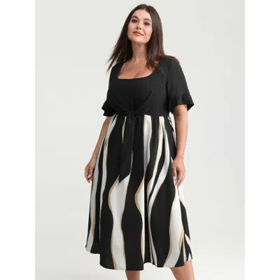 Bloomchic Women's Plus Size Zebra Stripe Print Contrast Midi Dress Black Non Midi Office Tie Knot 14-16/1x