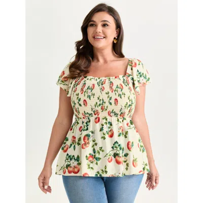 Bloomchic Women's Plus Size Zesty Fruit Print Fit And Flare Blouse Beige Fruit Elegant Cap Sleeve Square Neck  In Sand