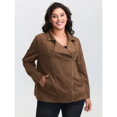 Bloomchic Women's Plus Size Zipper Detail Lapel Collar Jacket Yellowishbrown Non H-line 12/l