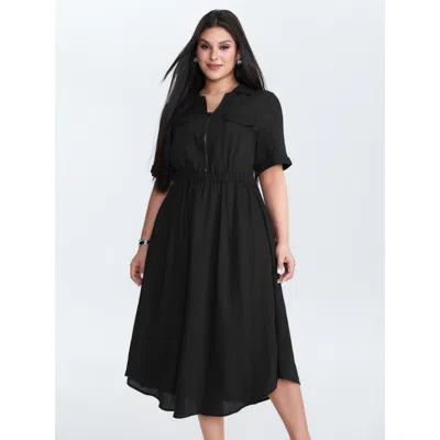 Bloomchic Women's Plus Size Zipper Front Collar Plain Midi Dress Black Non Midi Office 12/l
