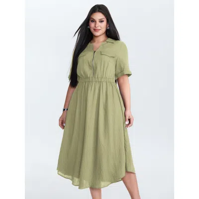 Bloomchic Women's Plus Size Zipper Front Collar Plain Midi Dress Moss Non Midi Office 12/l In Green