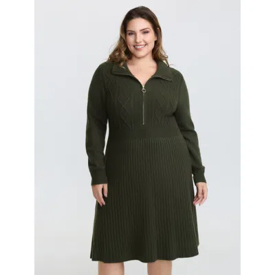 Bloomchic Women's Plus Size Zipper Front Fit And Flare Midi Sweater Dress Armygreen Non Knee Texture 12/l