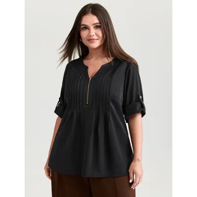 Bloomchic Women's Plus Size Zipper Front Pleated Flowy Blouse Black Non Office 3/4 Sleeve 18-20/2x