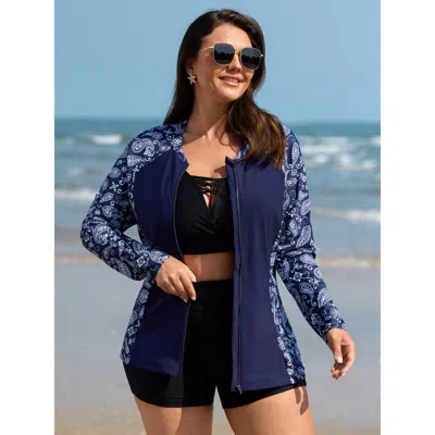 Bloomchic Women's Plus Size Zipper Front Pocket Contrast Swim Top Indigo Paisley Extra Long Sleeve Patchwork 2 In Purple